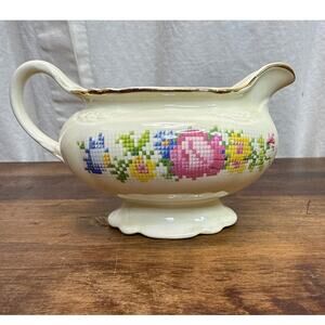 Homer Laughlin / Cunningham & Pickett Petipoint Cross Stitched Floral Gravy Boat
